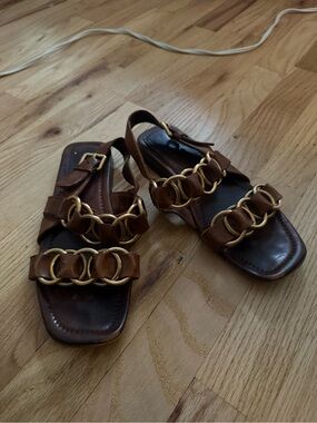 Miu Miu SS2000 Brown Leather Chain Link Slingback Sandals